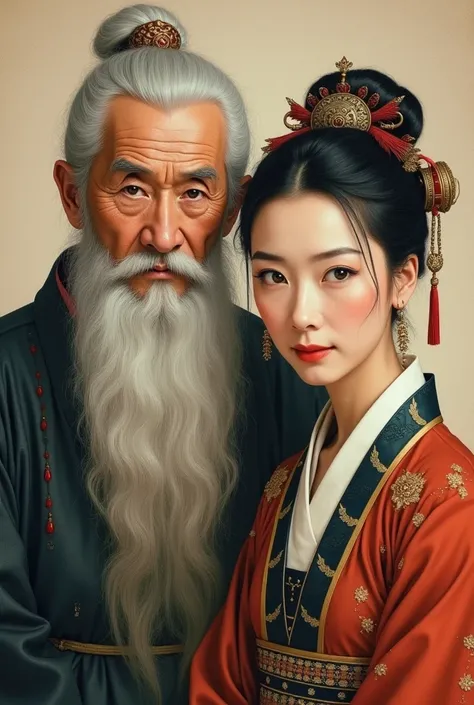 An old man and an old Asian woman from the 1400s/1500
Avec une tenue traditionnelle 
En face de l’image 