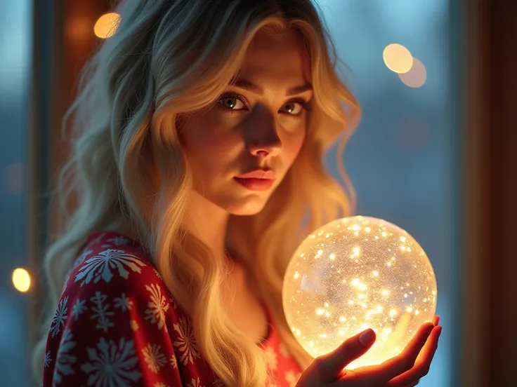 A beautiful blonde woman in Christmas clothes, holding a transparent Christmas globe, super realistic details, symmetrical skin and natural texture. The photorealistic painting uses soft pastel colors, neon lighting, and a simple background. Rendered in 8k...