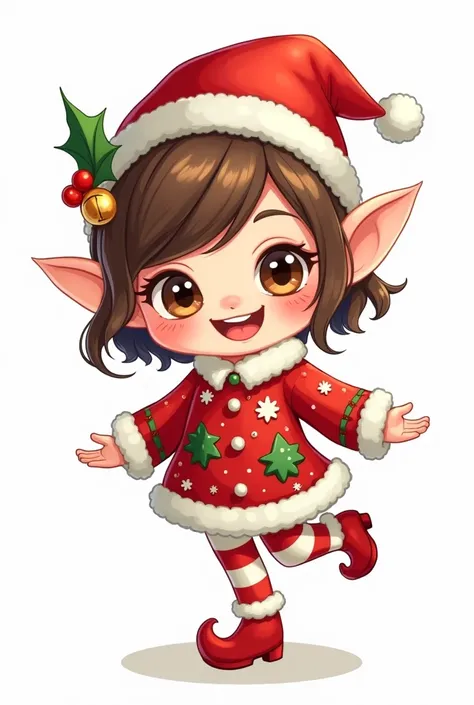 make a Christmas elf girl chibi with white background. cartoonish 2d style