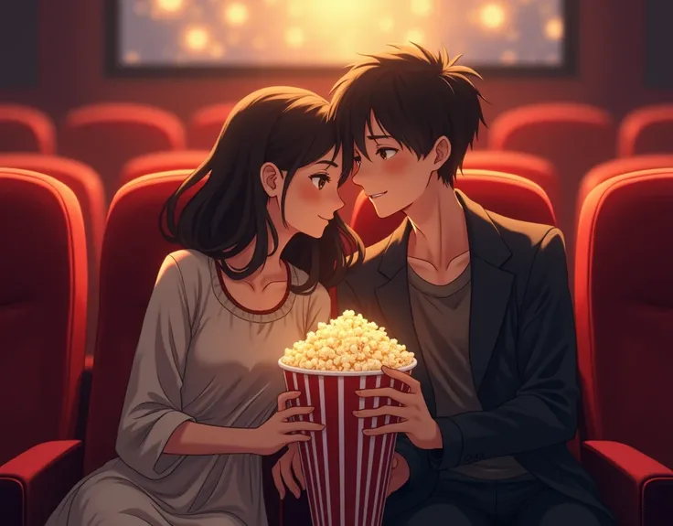 The theme is "Memories of First Love", anime, a nice couple is chatting with a big cup of popcorn between them at the cinema before the movie starts, sophisticated design, 8K quality