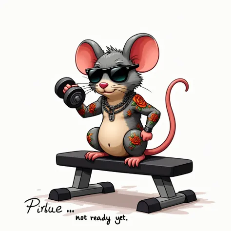 「not ready yet.」
Prompt: The mouse sits on a gym bench, holding a dumbbell in one hand but clearly refusing to lift it. Its tattoos—flames, chains, and roses—are vibrant against its fur, and its sunglasses are tilted down its nose, showing a glare of disin...