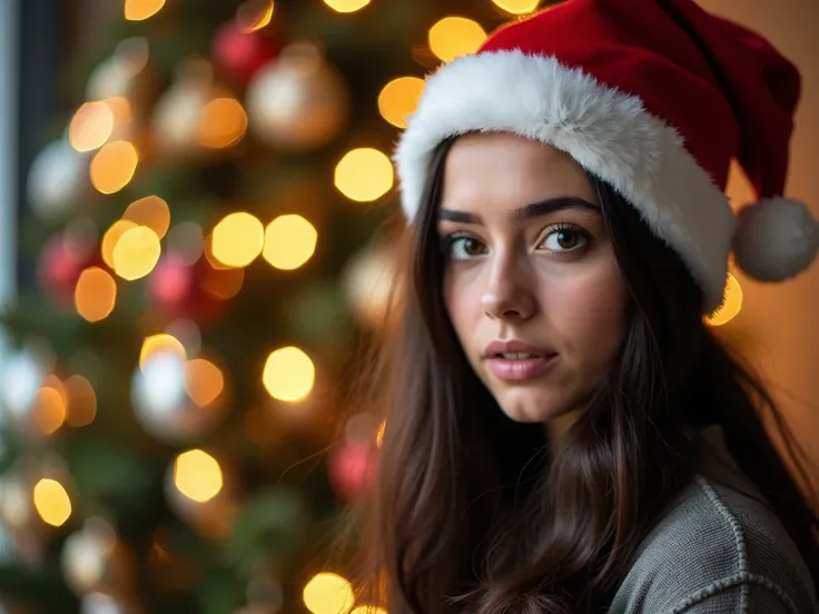 The image features a young woman wearing a red and white Santa hat, which stands out prominently against her dark hair and the muted tones of her clothing. Her expression is neutral, with a slight hint of pensiveness, as she gazes towards the camera. The b...