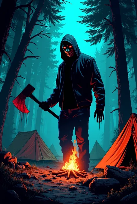 80s slasher camping with a bloody axe comic book style