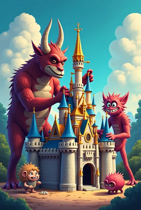 2D image of monster and company assembling a Lego Disneyland 