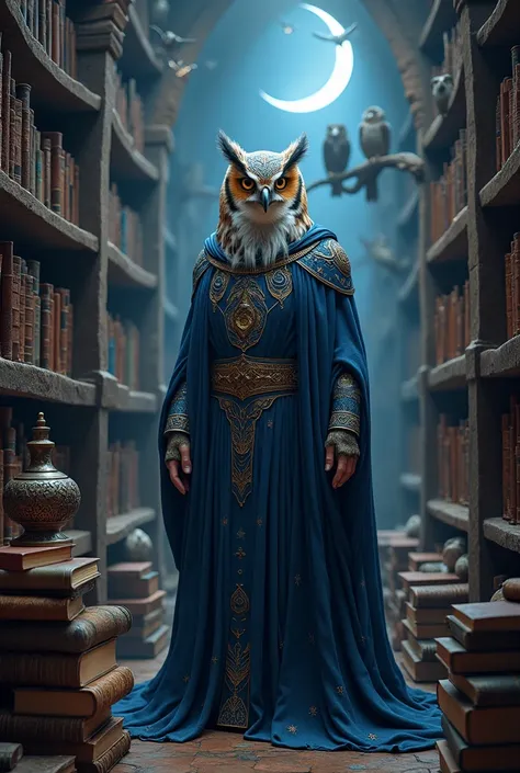 "A wise human figure with the head of an owl, clad in a starry midnight-blue robe, standing in an ancient library surrounded by books and perched owls under a glowing crescent moon."