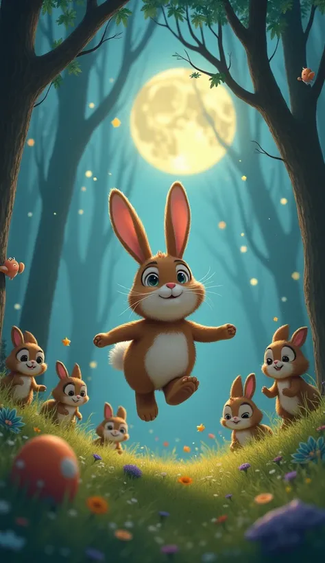 Zizi the bunny, now fully rested, hops energetically through the forest, full of life and happiness. The sun has fully set, and the moon begins to rise, casting a gentle silver light across the forest. Zizi leaps gracefully alongside a group of other playf...