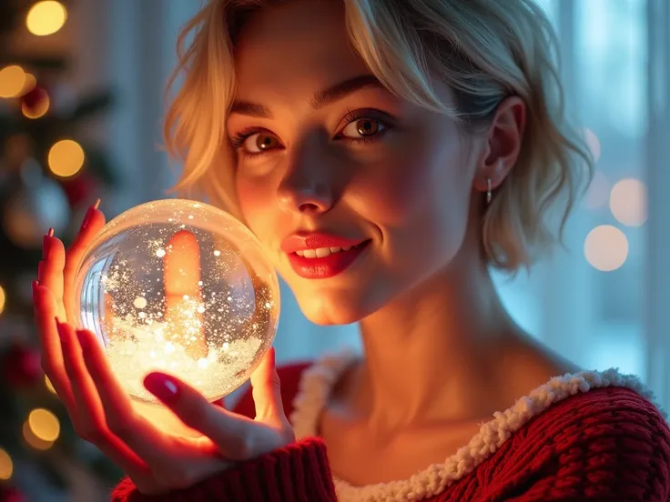 A beautiful woman, short blonde hair in Christmas clothes, holding a transparent Christmas globe, super realistic details,  symmetrical skin and natural texture. The photorealistic painting uses soft pastel colors, neon lighting, and a simple background. R...