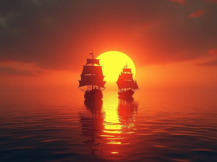 high quality, 8K Ultra HD, a calm sea at sunset, the sun is sinking below the horizon, only half is above the horizon, 2two large pirate ships,  sail serenely across the suns disc together. vibrant full colour,