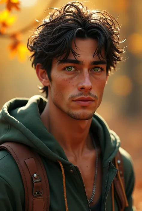 Young man
Hair: messy dark brown
Freckles 
Eyes: green
Build: tall and muscular 
Clothes: casuall clothes worn in autumn