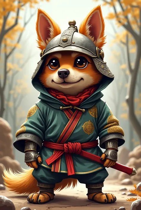 A medieval helmeted dog with a jiujitsu kimono in a cartoon