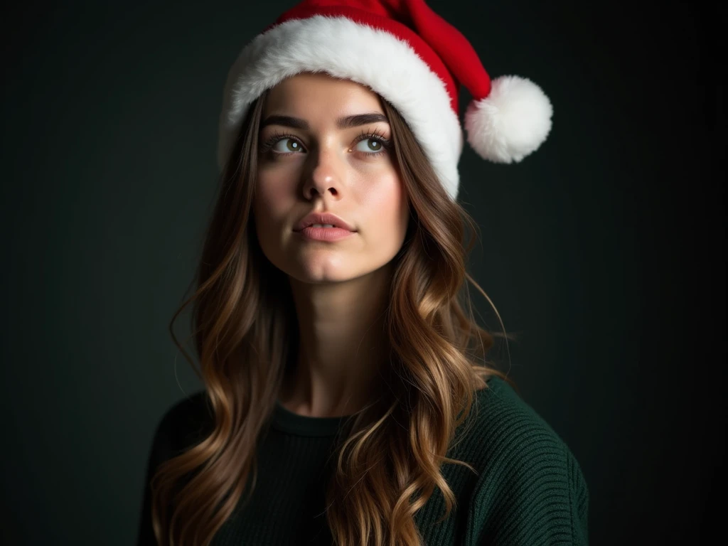 The image features a young woman wearing a red and white Santa hat, which stands out prominently against the dark background. Her long, wavy hair cascades over her shoulders, and she is dressed in a dark green sweater. The womans expression is contemplativ...