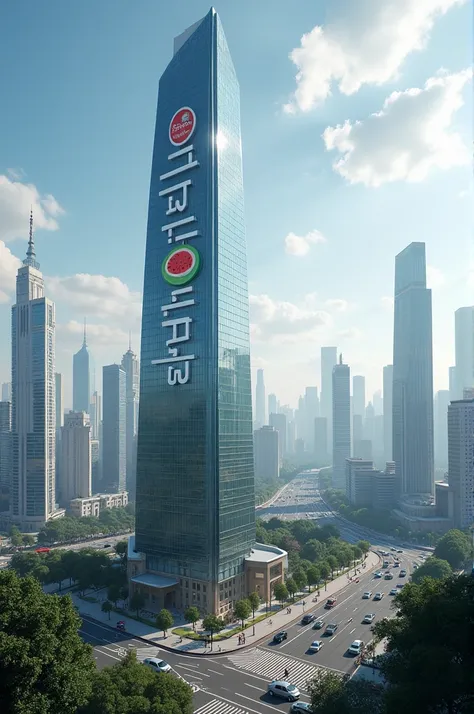 megapolis.  SABİRABAD lettering on the building. Watermelon symbol