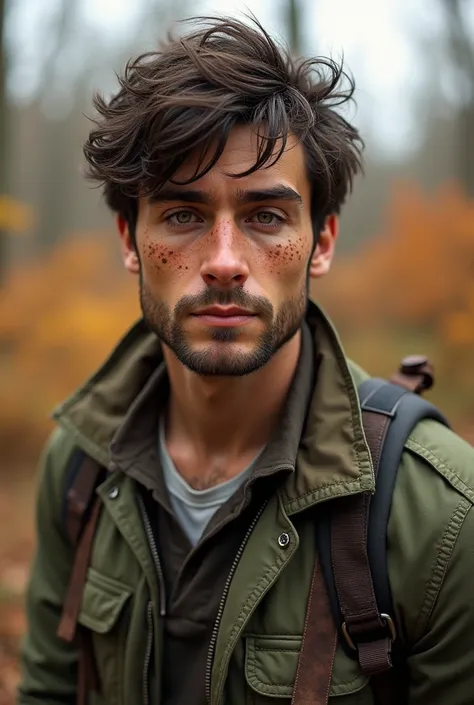 man in his twenties
Hair: messy dark brown
Freckles 
Eyes: green
Build: tall and muscular 
Clothes: casuall clothes worn in autumn