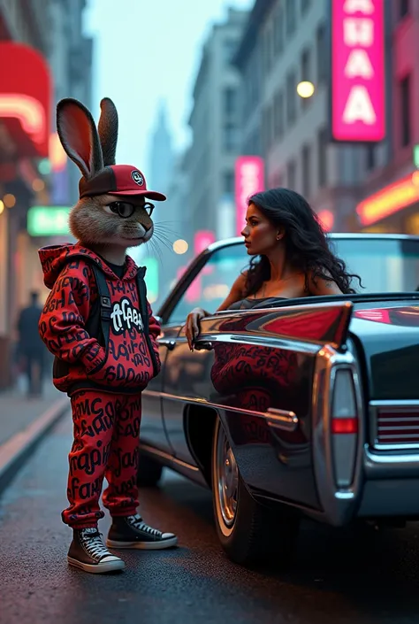 A rabbit dressed in hip hop and writing fafaa on his pants and sweatshirt with glasses and cap and a beautiful woman sitting in a black Cadillac in the streets 