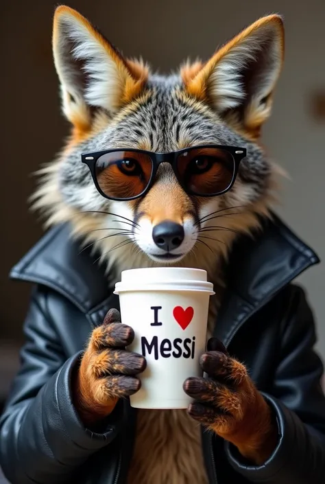 Happy gray coyote enjoining a good SMOKEY cup of coffee.
The coyote is wearing a black leather jacket.
The coyote is wearing ray-ban sunglasses.
The coyotes paws must be clearly seen.
The cup has the text "I ❤️ Messi". 