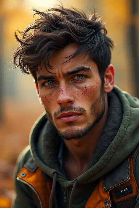 man in his twenties
Hair: messy dark brown
Freckles 
Eyes: green
Build: tall and strong 
Clothes: casuall clothes worn in autumn