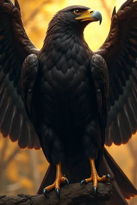 Muscular hawk (bird) in black and gold with a black and gold background