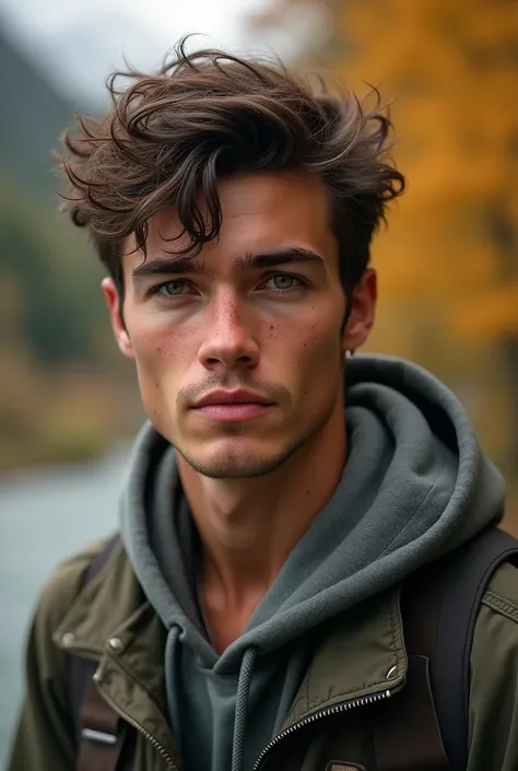 man in his twenties
Hair: messy dark brown
Freckles 
Eyes: green
Build: tall and muscular 
Clothes: casuall clothes worn in autumn
Ethnicety: Austrian