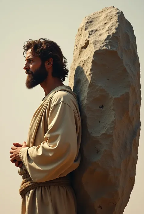 a man is holding a large rock behind his back ,  behind the man is Jesus helping to hold the stone , profile picture ,  REALISTIC IMAGE, ultra realistic 8k