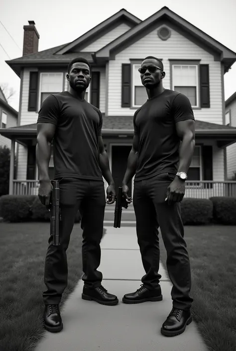 Make two black men with guns outside a house