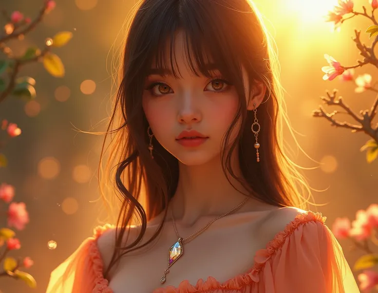 1 girl, serene expression, mesmerizing eyes, straight long hair, flowing dress, poised posture, porcelain skin, subtle blush, crystal pendant BREAK golden hour, (rim lighting):1.2, warm tones, sun flare, soft shadows, vibrant colors, painterly effect, +18