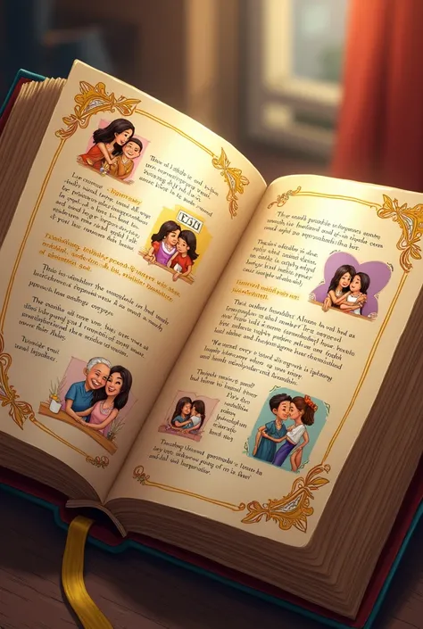 An open book with pages full of moments of friendship. On each page are illustrations of hugs, games, and adventures, with bright words that tell the story of your special connection." royal style