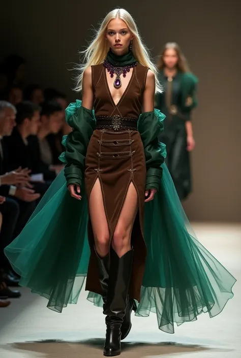 Fashion show, blonde woman, very long blond hair, dark blue eyes, with dark brown suede dress sewn in pieces, length to the knees, high boots, green tulle coat, silk scarf around the neck, amethyst jewelry,
