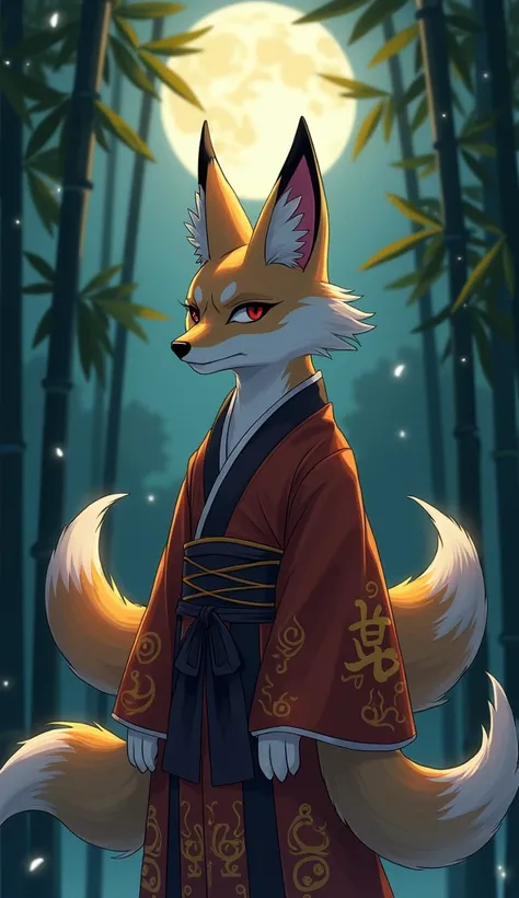 "A hybrid human and fox character  (narrow), with pointy ears,  with multiple tails and a mysterious expression .  He wears traditional Japanese clothing with fire patterns , While the light of flashlights illuminates a bamboo grove under the full Moon."