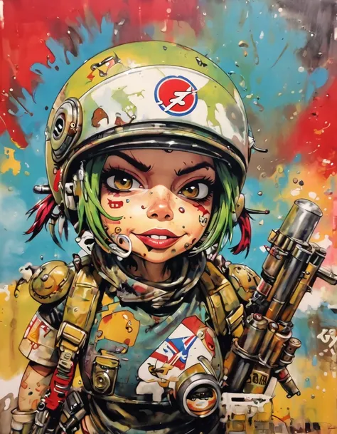 tank girl character, military helmet, cigar, piercings, shotgun, in a tank, (art inspired by Skottie Young and Bill Sienkiewicz). oil painting)