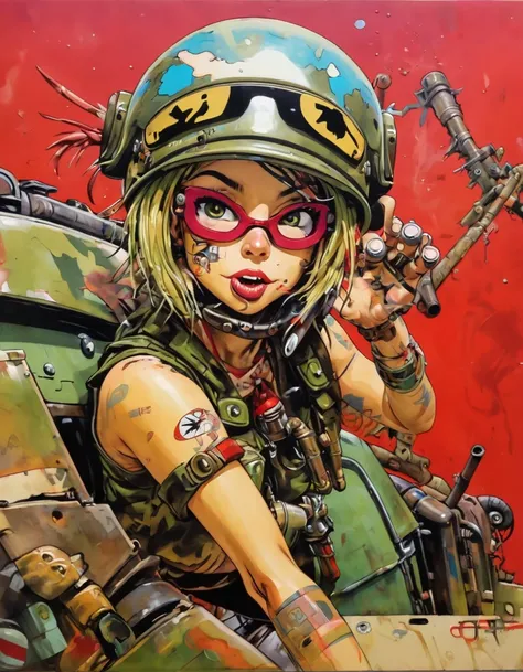 tank girl character, military helmet, cigar, piercings, shotgun, in a tank, (art inspired by Jamie Hewlett and Bill Sienkiewicz). oil painting)