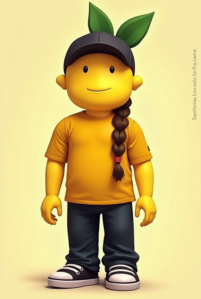  The character is a humanoid creature with yellow skin and a lemon-like head and face "man face" из игры Roblox,  wears a cheese t-shirt and black pants , wears a black cap ,  holds a braid stylized as a road stop sign ,  The drawing is not too smooth and ...