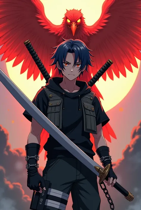 Seventeen-year-old anime boy with blue black hair fuss dark orange eyes a scared black t-shirt long sleeve a hooded vest on black gloves a big sword on his back ninja pants chains on his arm with the konoha band on the right shoulder Naruto anime style mar...