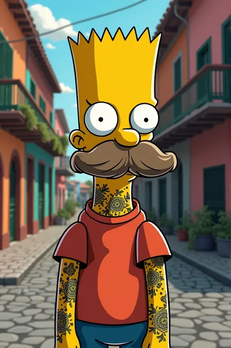 Make a logo of young Bart with a mustache and tattoo in the favela for a clothing store logo