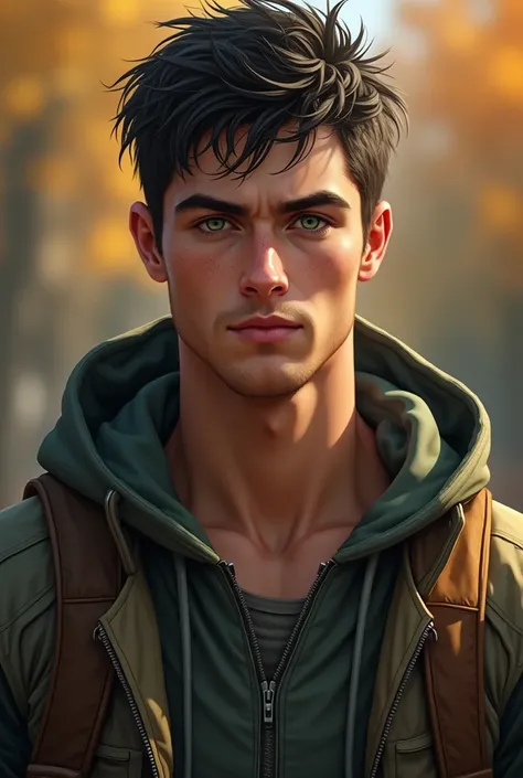 man 
Age: twenties
Hair: messy dark short
Freckles 
Eyes: green
Build: tall and muscular 
Clothes: clothes worn in autumn
Clean shaved