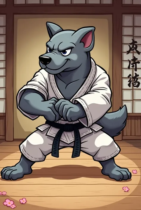 I would like a cartoon of a gray dog fighting Jiu Jitsu in more of a warrior style mascot