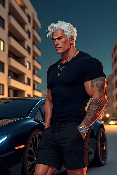  man standing next to his black luxury sports car,  Jacobelordii white short hair wavy black , glow na pele, square face , muscular,  has a tattoo on his arm.  wears a black dress shirt beach , short sleeve, Silver necklace, black shorts. at night, In fron...