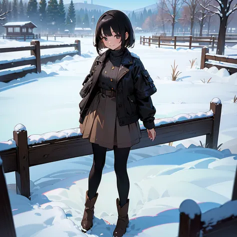 ( High Quality ,  high definition , Very detailed, reality:1.37), Peaceful atmosphere, (Outdoor, garden ,snow),  teenage girl standing alone, Beautiful details,  cute smile, (Black Bob), Ribbed sweater,Brown skirt, Black tights,  brown boots .