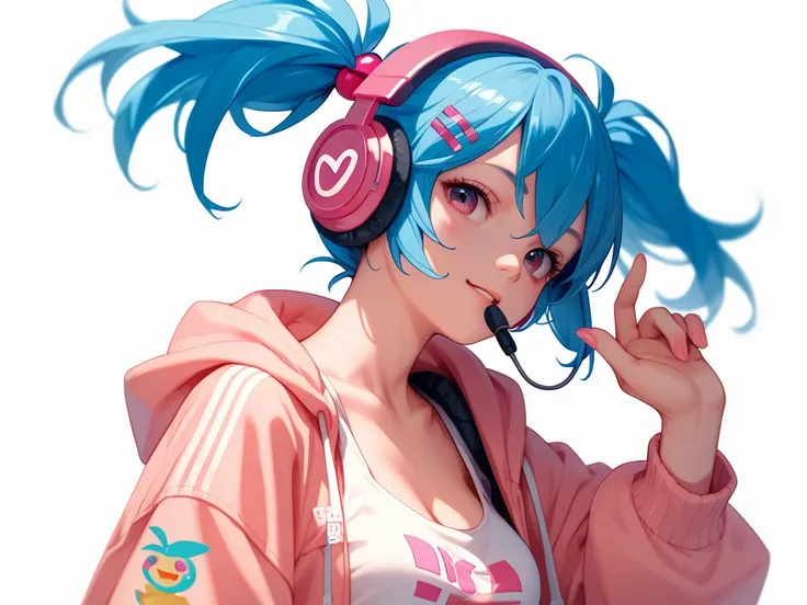 chica estilo anime,  headphones blue hair pink lines with 2 pigtails, Breasts 34C, Listening to music with RGB ,  white background