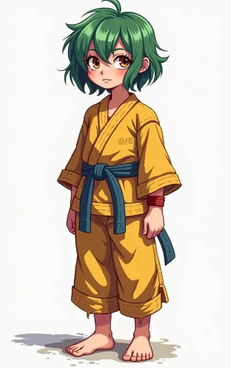 ((masterpiece, best quality)), ((((perfect anatomy)))), 20 years old • Female • Short green hair • A scar over her left eye. Clothing style consists of an old, torn yellow karate gi, a rope tied around her waist in place of a sash. Barefoot. • Brown eyes •...