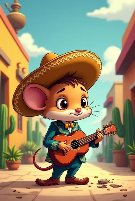 mariachi mouse is feeling sadly because one string on his guitar is broken cartoon 