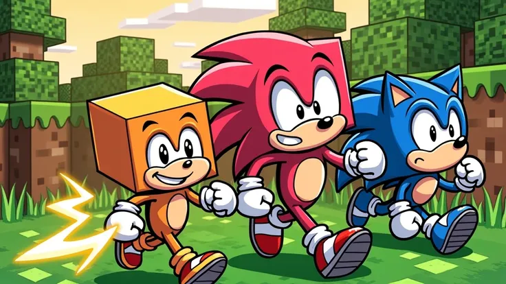  Make a cartoon Minecraft cartoon of the Sonic family in Minecraft, Make Sonics son running lightning out of his legs ,  make all the characters with square heads , square arms , and square legs .