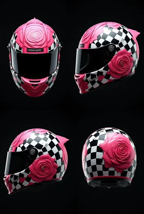 Four images, one on the right, Another on the left side , Another one from the back one from the top of the helmet with an image of the rose with the color of pink right above the center of the helmet and the letters  "rk"  in capital letters in the middle...