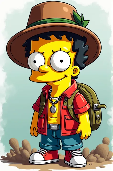 Make a drawing of Bart Simpson dressed as El Patron Pablo Escobar for a very young and very beautiful clothing store logo in a very creative favela