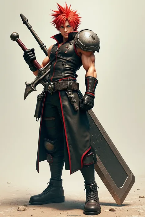  with a full body, realistic and super detailed, Create red-haired Cloud Strife , Cloud is using a large sword 