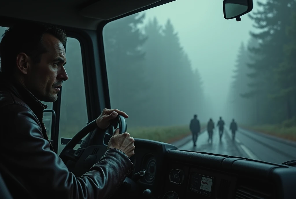 **Setting:** The road ahead is now almost invisible, swallowed by a dense, unnatural fog. The truck’s headlights create a faint, diffused glow, but fail to penetrate the thick mist. The surrounding forest is obscured, its presence felt more than seen. The ...