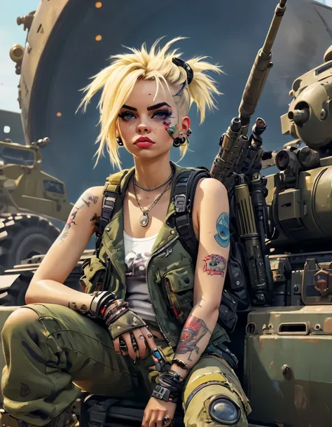 tank girl character, punk, blonde, with piercings, wearing a helmet, holding a shotgun, sitting on a tank, (best quality, 4k, 8k, high resolution, masterpiece: 1.2), ultra detailed, (realistic, photorealistic, photorealistic: 1.37 ), oil painting, art insp...