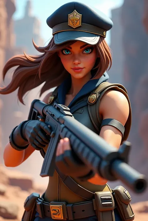 Play Fortnite 3D girl with gun ,  she is wearing a soldier uniform with a soldier cap with a d sign she has blue eyes and brown hair