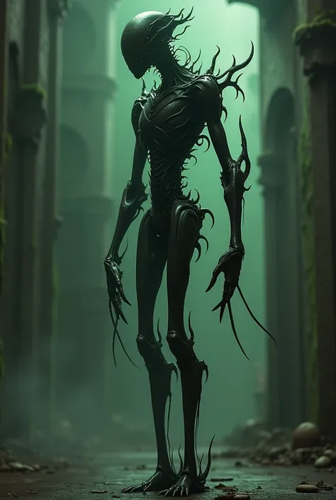 A robot with the characteristics of a thin demon, the main color black and the secondary color green