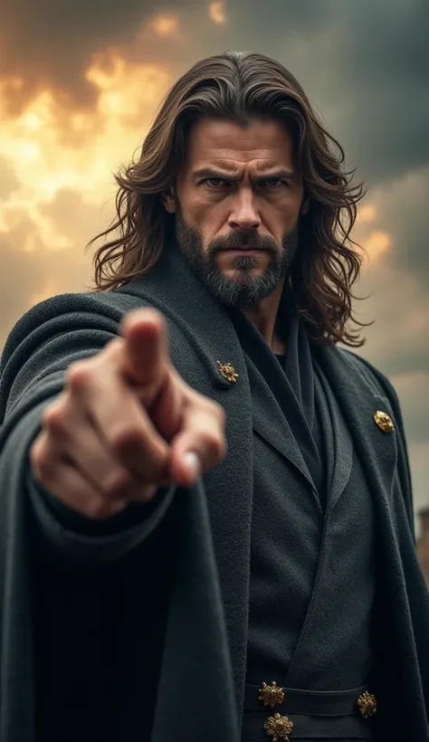 "A hyper-realistic 3D image of a commanding, charismatic man with long, wavy dark brown hair and a well-groomed beard, wearing a modern yet regal dark gray cloak with subtle gold accents. The man has piercing, intense eyes and a serious expression, staring...