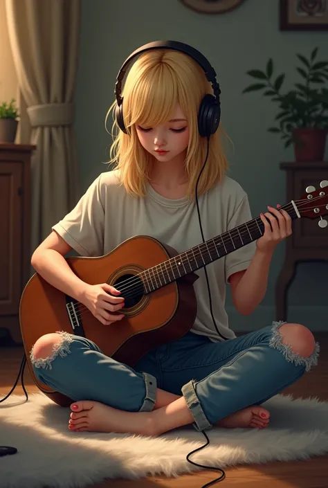 Blonde Music Lovers Escape

Outfit: Casual tee and ripped jeans, barefoot or socks.

Pose: Sit on the floor with headphones on or holding a guitar. Look down while pretending to adjust your playlist or strum the guitar.
